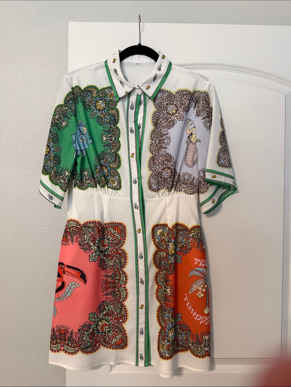 Printed Short Shirt Dress with Green and Coral Block Panels